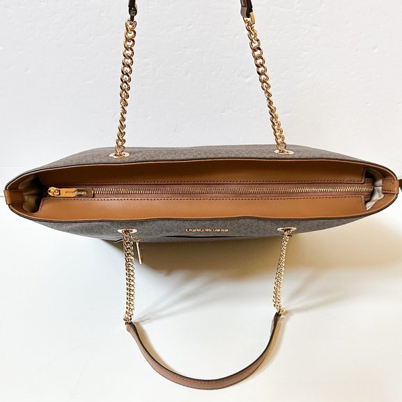 Michael Kors Jet Set Item Large Front Pocket Shoulder Chain Tote Bag MK Brown - Picture 6 of 11